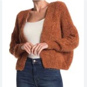 Woven hearts orange eyelash knit open front cardigan sweater